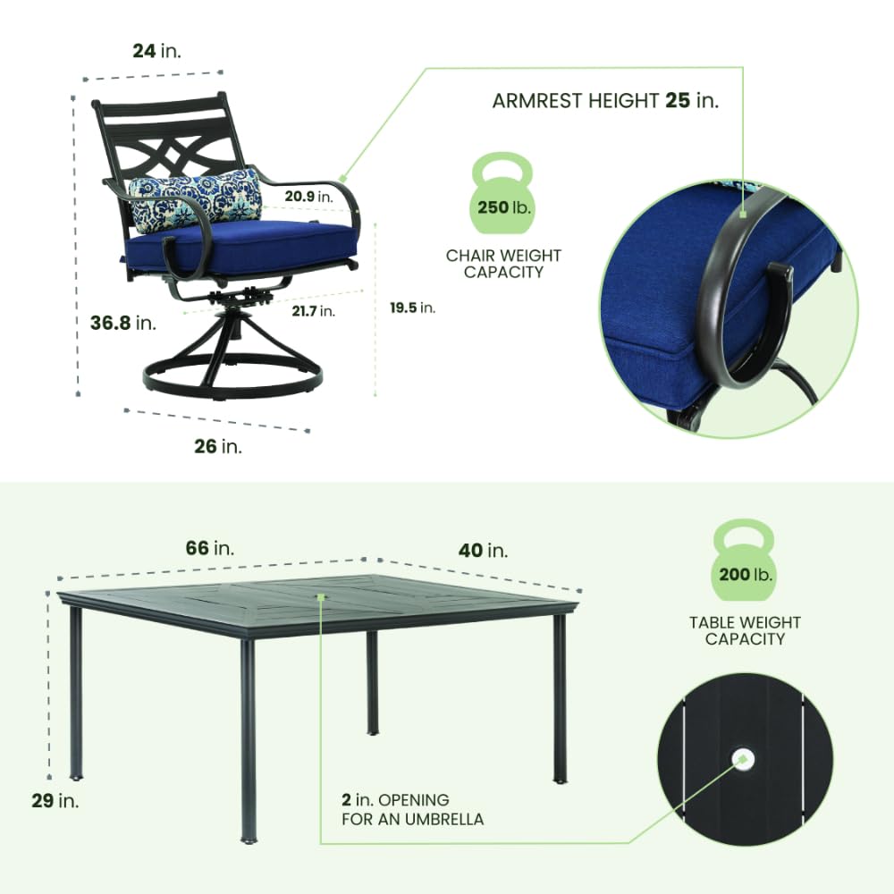 Hanover Montclair 7-Piece Outdoor Dining Set with 6 Swivel Rockers, Navy Blue Cushions and Stamped Steel Rectangular Dining Table, Patio Dining Set for 6, Premium All-Weather Patio Furniture for Deck Hanover
