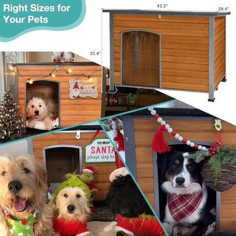 Indoor Outdoor Dog House,Anti-Chewing Iron Frame Dog Kennel,Wood Warm Pets Home,Insulated Weatherproof Outside Shelter (43.3" (L) x 29.4" (W) x 33.4" (H) Brown) Suumerpety