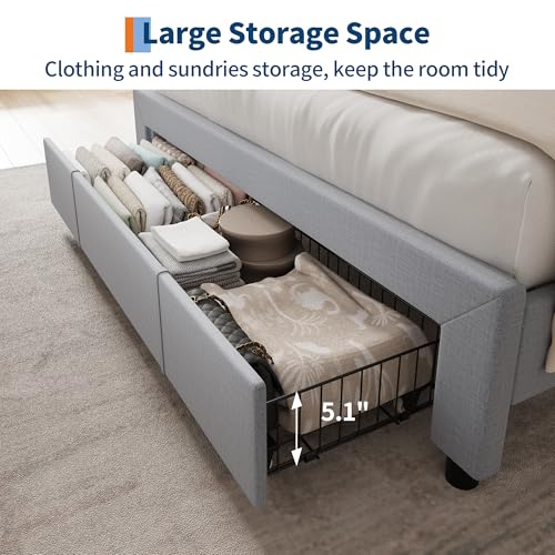 GarveeHome Upholstered Bed Frame with Storage Headboard and Charging Station, Platform Bed Frame with Drawers, Heavy Duty, No Box Spring Needed, Easy Assembly, Grey, Full Size GarveeHome