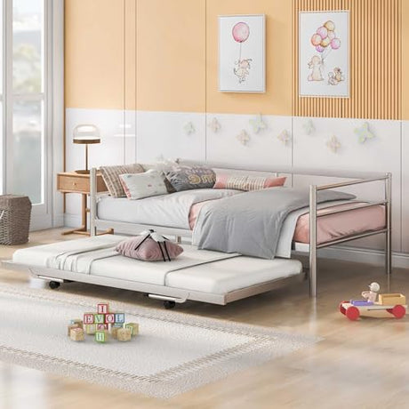 Nahenduo Twin Size Daybed with Pop up Trundle & Adjustable LED Lights, Futon Frame Bed, Metal Sofa Bed Frame for Living Room Bedroom Guest Room, Small Space, No Box Spring Needed (Sliver) Nahenduo