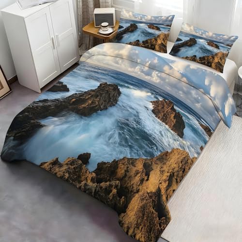 YFIOYI Blue Sea Bedding Set, Summer Duvet Cover Sets, Scenery Soft Microfiber Comforter Cover Sets with 3 Pillow Shams, with Zipper（Long Single） YFIOYI