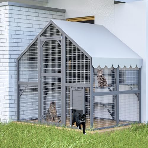 YOPTO 28ft² Large Outdoor Cat House, Luxury Wooden Walk-in Catio Enclosure with 2 Doors & 2 Hiding Houses, Escape-Proof Locks + Waterproof Roof - Customizable Multi-Cat Playpen (Gray) YOPTO