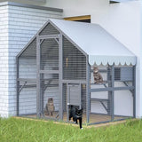 YOPTO 28ft² Large Outdoor Cat House, Luxury Wooden Walk-in Catio Enclosure with 2 Doors & 2 Hiding Houses, Escape-Proof Locks + Waterproof Roof - Customizable Multi-Cat Playpen (Gray) YOPTO