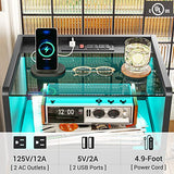 VIAGDO Nightstand with Charging Station and LED Lights, Black Night Stand with Glass Top and Storage Drawers, End Side Tables with Pull-Out Tray and USB Ports, Modern Bedside Tables for Bedroom VIAGDO