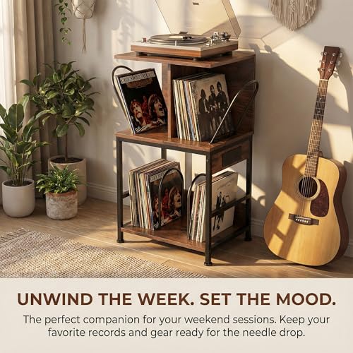 ZEXVIDA Record Player Stand with Vinyl Storage, Large Record Table Holds 180 Albums, Vinyl Record Storage Stand with USB Charger, Multi-Functional Side Table & Shelf for Living Room Bedroom ZEXVIDA