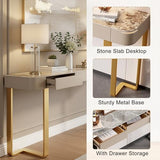MISXEOE Modern Console Table with Storage Drawers Stone Slab Top, Rectangle Narrow Sofa Table Behind Couch Entryway Cabinet for Living Room, Hallway, Foyer(Gold,39.3"x13.7"x33.4") MISXEOE