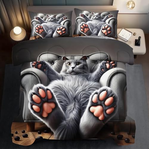 llyxsesty Cute Cat Comforter Set King,Grey Kawaii Cat Bedding Set Adult,Cute Animal Comforter for Boy,American Shorthair Bedding Grey,Kawaii Animal Print Quilt Bedroom Decor Kids llyxsesty