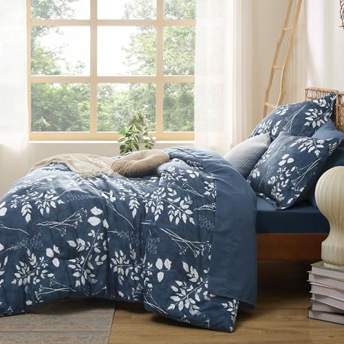 Bedsure King Size Comforter Set - 7 Pieces Floral Navy Soft Bedding Sets, King Bed in a Bag with Botanical Flowers Comforter, Sheets, Pillowcases & Shams Bedsure