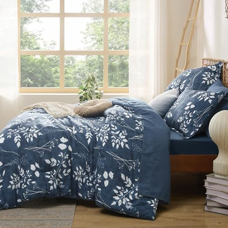 Bedsure King Size Comforter Set - 7 Pieces Floral Navy Soft Bedding Sets, King Bed in a Bag with Botanical Flowers Comforter, Sheets, Pillowcases & Shams Bedsure