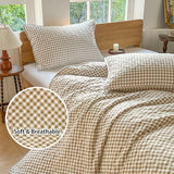 NSNLGSGC Tan Gingham Twin Quilt Set, Soft Pre-Washed Microfiber Taupe Plaid Twin Bedspread, Lightweight Checked Summer Quilt, Grid Bedding Coverlets for All Seasons (Includes 1 Quilt, 1 Pillow Sham) NSNLGSGC