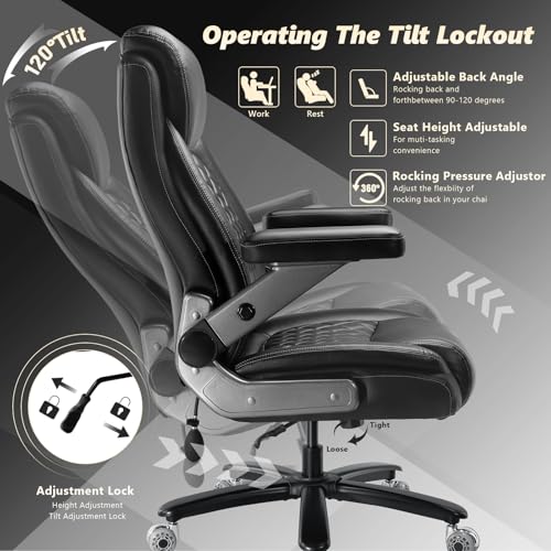 600LBS Large Heavy Duty Office Chair with 5D Flip Arms,Comfy Big and Tall Executive Office Desk Chair with Pocket Spring Cushion,High Back Computer Chair with Lumbar Support,Dual Rubber Wheel Indulgear