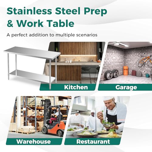 Toolsempire Stainless Steel Table, 60" x 24" Prep Table with Adjustable Under Shelf & 4 Galvanized Table Feet, Steel Table Kitchen Work Table for Toolsempire