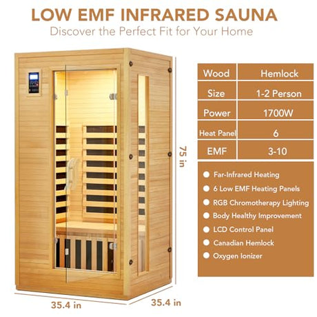 2024 Upgrade 1 to 2 Person Infrared Sauna, Low EMF Infrared Sauna for Home, Indoor Sauna Room, Hemlock Wooden Far Infrared Sauna, Dry Sauna with Bluetooth Speakers, LED Reading and Chromotherapy Lamp PioneerWorks