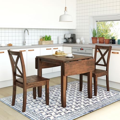 LUMISOL 3-Piece Wood Drop Leaf Dining Table Set with 2 X-Back Chairs, Space-Saving Breakfast Nook Dining Set for 2 People, Extendable Kitchen Table Set, Brown LUMISOL