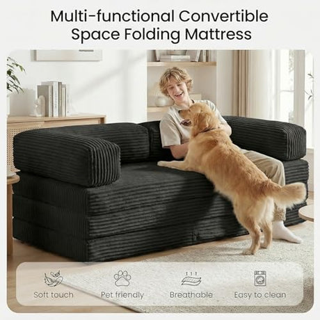 Tri-Folding Mattress Futon Sofa Bed, Convertible Foldable Mattress with Removable Armrests & Washable Cover, 5'' Floor Mattress with High-Density Foam, Small Couch Bed, No-Assembly, Full, Black Erament