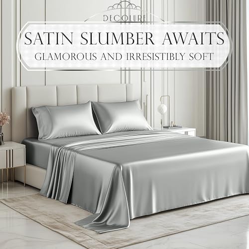 DECOLURE Satin Bed Sheets - 4 Piece Luxury Silky King Size Bedding Set - Softer Than Silk, Wrinkle-Free with 15” Deep Pocket Fitted Sheet, Perfect for Hair & Skin, Gifts for Women (Grey) DECOLURE