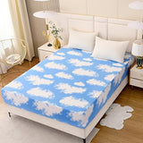 NATURETY Bedding Fitted Sheet with Deep Pocket for Single Bed Mattress Cover Sheets,White Cloud Printed Fabric Bed Sheets (Blue Sky, Queen) NATURETY