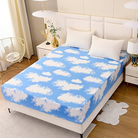 NATURETY Bedding Fitted Sheet with Deep Pocket for Single Bed Mattress Cover Sheets,White Cloud Printed Fabric Bed Sheets (Blue Sky, Twin) NATURETY