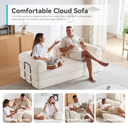 QQR Convertible Folding Mattress Couch, 5-in-1 Futon Sofa with Armrests, Sleeper Mattress Sofa Bed Comfy Fold Out Bed for Living Room, Bedroom, Lounge,Guest, Office (Beige White) QQR