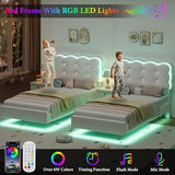 HIFIT 2 Set Upholstered Twin Size LED Bed Frame with Charging Station, Adjustable Crystal-Tufted Puffs Headboard, Velvet Girls Floating Twin Platform Bed Frames for Kids with Under Bed Lights, Beige HIFIT