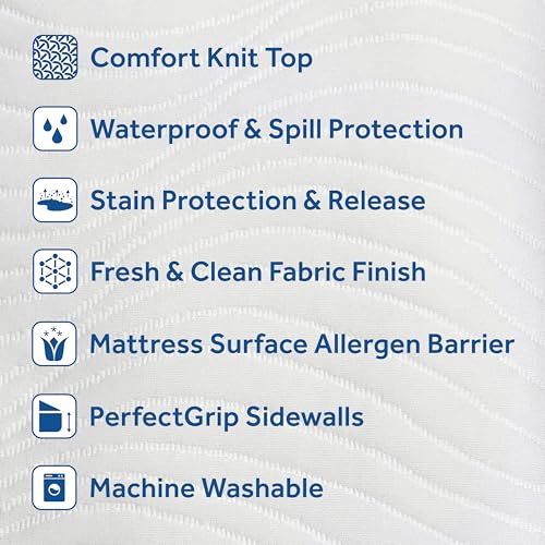 Sealy Complete Protection Waterproof Stain Protection Soft Comfort Top PerfectGrip Stretch Sidewalls Machine Washable Fitted Mattress Protector, King Size, White Sealy
