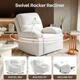 YuuYee Teddy Fleece 360° Swivel Rocker Recliner Nursery Rocking Chairs with Phone Holder Manual Gilder Recliner Chair with Wide Foot Rest for Living Room and Baby Room