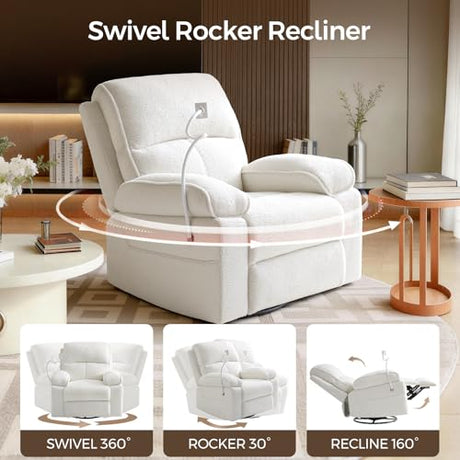 YuuYee Teddy Fleece 360° Swivel Rocker Recliner Nursery Rocking Chairs with Phone Holder Manual Gilder Recliner Chair with Wide Foot Rest for Living Room and Baby Room YuuYee