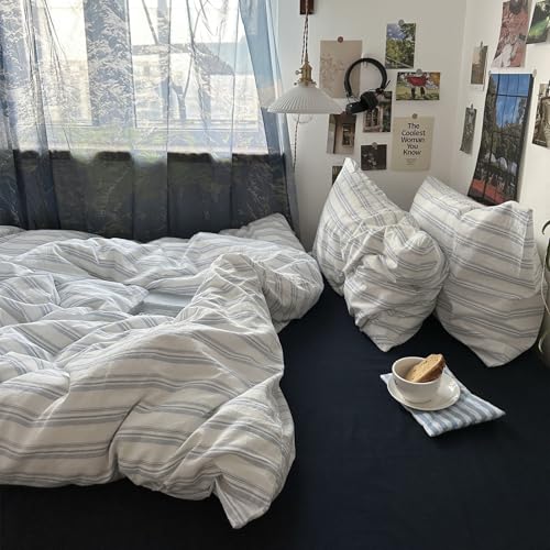 VM VOUGEMARKET Striped Comforter Set Twin XL Ticking Vertical Stripes Bedding Set Minimalist Neutral Comforter for College Dorm,Demin Blue&White VM VOUGEMARKET