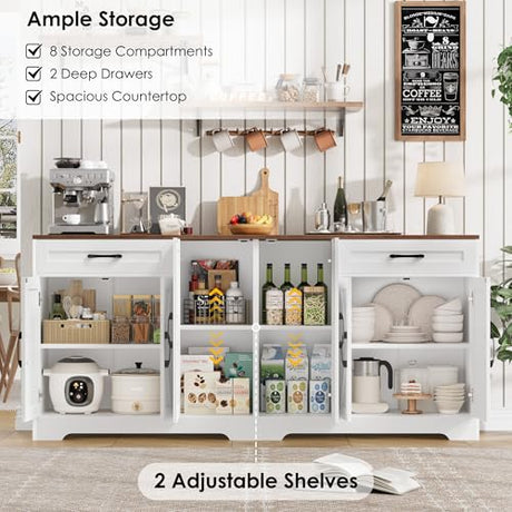 BOTLOG 71” Large Sideboard Buffet Cabinet with Storage, Farmhouse Kitchen Buffet Cabinet with Adjustable Shelves and 6 Barn Doors, Wood Coffee Wine Bar Console Table for Kitchen, Dining Room, White BOTLOG