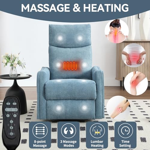 Kolavess Swivel Rocker Recliner Chair for Adults, Nursery Rocking Chair with Heat and Massage, Glider Reclining Chair for Small Space Living Room Bedroom, Blue