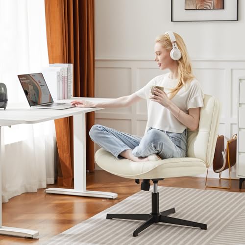 OLIXIS Criss Cross Chair Without Wheels, Cross Legged Office Chair, Armless Wide Vanity Desk Chair with Comfy PU Leather& Back - Swivel for Home Office Bedroom, Beige OLIXIS