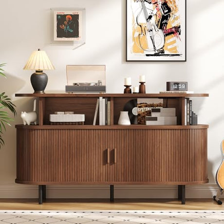 55" Large Round Record Player Stand with Charging Station, Vinyl Record Storage Cabinet, Mid Century Modern Turntable Stand with Open Shelves Holder for Bedroom Living Room, Sliding Doors (Walnut) ONBRILL