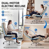 Dual Motor Executive Home Reclining Office Chair with Footrest - One-Click Electric Recline with Massage & Pillow Support Big and Tall PU Leather Ergonomic Desk Chair, High Back Wide Seat (White) COTYFLY