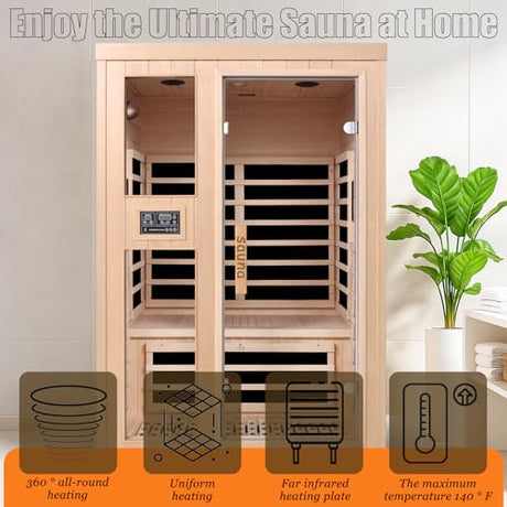2-Person Infrared Sauna, Indoor Home Sauna Room Hemlock Wood Sauna Low EMF Far Infrared Heating with Tempered Glass Door Bluetooth Speakers, Chromotherapy Lights for Family（110V, 1850W）Truck delivery DWKWE