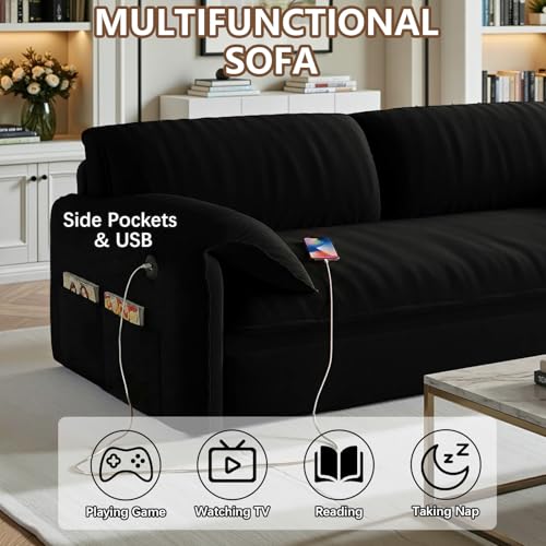 Gexpusm Futon Sofa Bed Queen Size,3-in-1 Convertible Sleeper Sofa,Pull Out Bed with Side Pocket,Loveseat Couch,Modern Futon Couch for Living Room,Small Space,Apartment,Bedroom (Black Velvet, 61") Gexpusm