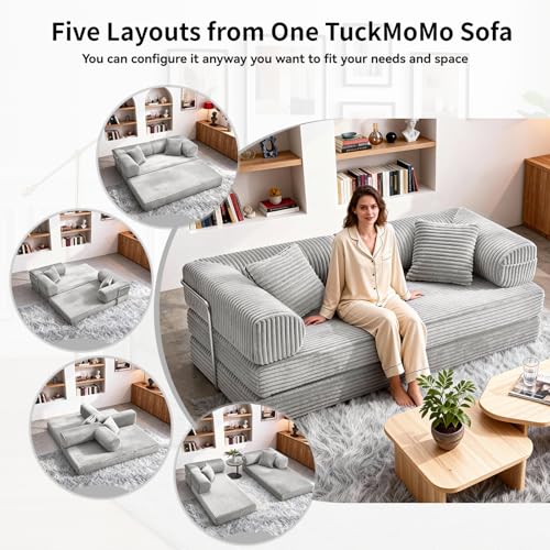 TuckMoMo 76.77 Inch Convertible Sofa Bed, Modern Corduroy Futon Boneless Couches Lounge Loveseat with Side Storage Pocket, Pull Out Sofa Bed for Living Room, Bedroom, No Assembly Required, Grey TuckMoMo