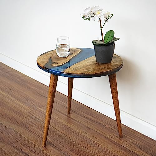 20" Resin Walnut Round Side Table | Epoxy End Table | Coffee Table | Mid Century Modern Resin Walnut | Living Room Furniture | Blue Color Ultimate Premium Products