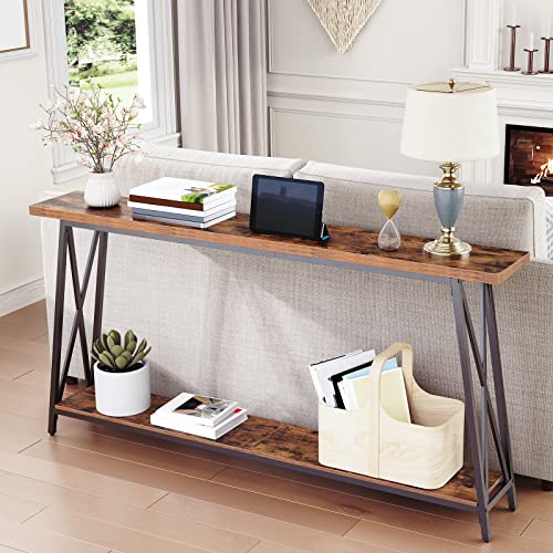 MAHANCRIS Console Table, 63" Industrial Entryway Table, Extra Long Sofa Table Behind Couch, X-Shaped Support, for Entryway, Hallway, Living Room, Rustic Brown CTHR4801Z MAHANCRIS