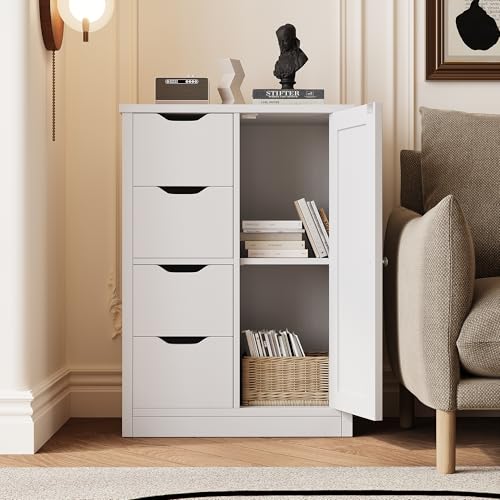 Shintenchi Bathroom Floor Storage Cabinet, Wooden Storage Organizer with 4 Drawers and 1 Cupboard, Freestanding Bathroom Furniture, Home Storage Unit with Adjustable Shelf, White