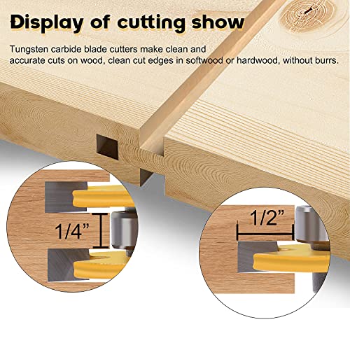 Newdeli Tongue and Groove Router Bit Set 1/4 Inch Shank - 2pcs Router Bits for 3/4" Stock, 1/2" Cutting Depth - T Shape 3 Teeth Wood Milling Cutter - WoodArtSupply