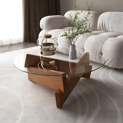 Coffee Table, Round Coffee Table for Living Room Modern Glass Coffee Table with Solid Wood Legs Farmhouse Mid Century Center Table Large Circle Cocktail Table (Walnut + Transparent, 31.5in)
