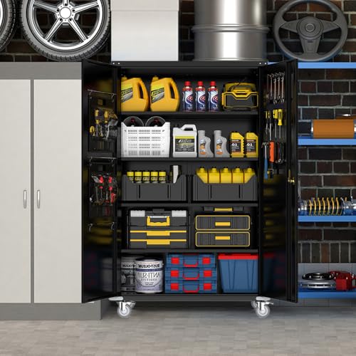 Yeeoy Wide & Deep Metal Garage Storage Cabinet with Pegboard & Adjustable Shelves, Lockable Storage Cabinet with Wheels, Tool Organization Cabinets for Office Garage Shop, 43''W x 22''D x 72''H Yeeoy