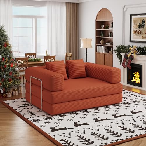 BSHOMGI Folding Sofa Bed, 4 in 1 Convertible Sofas to Lounger Comfy Single Bean Bag Chair Floor Portable Foldable Sleeper Lazy Futon Couch Chair for Bedroom, Living Room (Orange, 53.15" Double Sofa) BSHOMGI