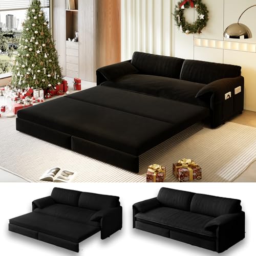 UPYOOE 63.8" Futon Sofa Bed Queen Size, Pull Out Bed, 3-in-1 Convertible Sleeper Sofa with Side Pocket, Modern Velvet Futon Couch for Living Room, Small Space, Apartment, Bedroom, Black UPYOOE