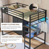 DICTAC Twin Loft Bed with L-Shaped Desk and 7 Storage Drawers,Metal Twin Size Loft Bed for Kids with LED Lights and Charging Station,13.11" H Safety Guardrail and Ladder,No Box Spring Needed, Black DICTAC