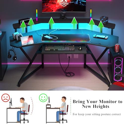 Auromie 72" Gaming Desk with Power Outlet & Led Strip, Large Wing-Shaped Computer Desk w Monitor Stand & Keyboard Tray & RGB Mouse Pad, Studio Desk w Storage Shelf Headphone Hook Cup Holder - WoodArtSupply