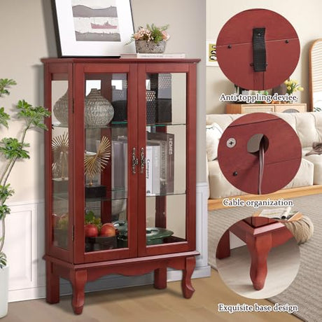 Firscook Curio Cabinet With Lighted Tall Leg Glass Door, Antique Display With Mirrored Back Panel, Vintage Lighted Accent Corner China for Living Room (Cherry) Firscook