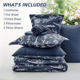MUXHOMO Navy Blue Bed in a Bag Queen 7 Pieces, Queen Comforter Set Reversible Botanical Flowers Design, Ultra Soft & Breathable Bedding Sets with Comforter, Sheets, Pillowcases & Shams MUXHOMO