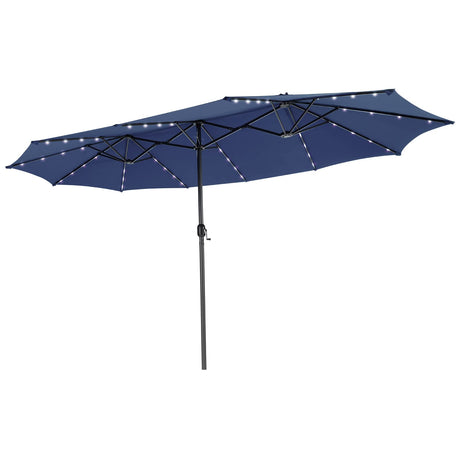 Tangkula 15 Ft Twin Patio Umbrella with 48 LED Lights, Double-Sided Outdoor Umbrella W/ Auto-Charging Solar Panel, Extra-Large Outdoor Market Umbrella W/ Hand-Crank System for Poolside, Garden & Backyard (Navy Blue) Tangkula