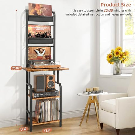 Record Player Stand with Vinyl Storage, Record Player Table with Vinyl Record Storage up to 250 Albums, Turntable Stand with Record Holder Display Shelf, Record Player Cabinet Organizer Rack Tewinko